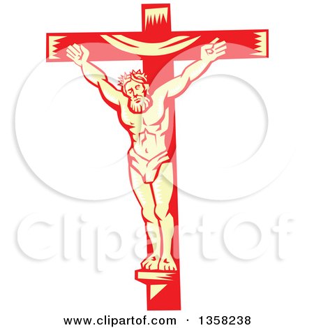 Clipart of a Retro Woodcut Jesus Christ Nailed to a Red and Yellow Cross - Royalty Free Vector Illustration by patrimonio