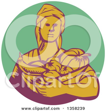 Clipart of a Retro Woodcut Female Farmer Holding a Basket of Harvest Produce in a Green Purple and Yellow Circle - Royalty Free Vector Illustration by patrimonio