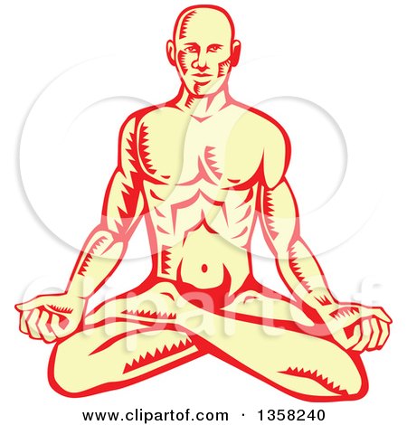 Clipart of a Retro Woodcut Yellow and Red Man Meditating in the Lotus Pose - Royalty Free Vector Illustration by patrimonio
