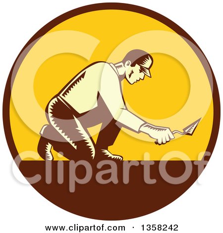Clipart of a Retro Woodcut Male Mason Worker Kneeling and Using a Trowel in a Brown and Yellow Circle - Royalty Free Vector Illustration by patrimonio