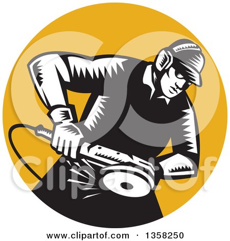 Clipart of a Retro Black and White Woodcut Male Worker Using an Angle Grander in an Orange Circle - Royalty Free Vector Illustration by patrimonio