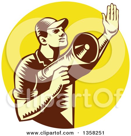 Clipart of a Retro Woodcut Yellow and Brown Male Worker Holding up a Hand and Using a Megaphone in a Yellow Circle - Royalty Free Vector Illustration by patrimonio
