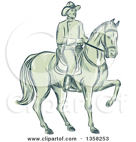Clipart of a Sketched or Engraved Retro Calvary Soldier on Horseback - Royalty Free Vector Illustration by patrimonio