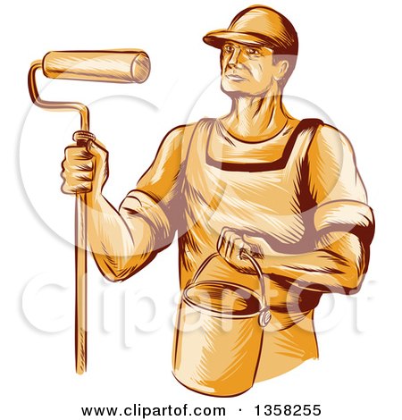 Clipart of a Retro Sketched Orange Male House Painter Holding a Roller Brush and Bucket - Royalty Free Vector Illustration by patrimonio