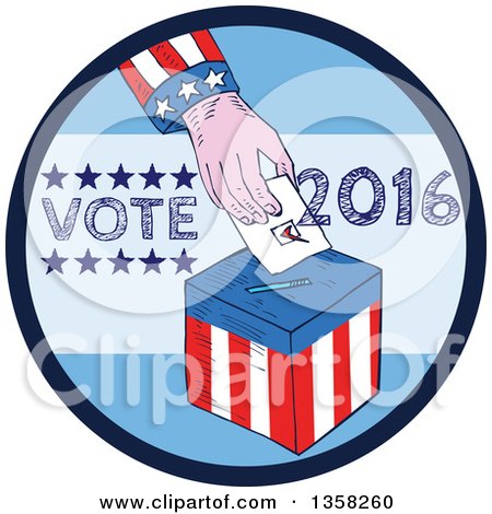 Clipart of a Sketched American Hand Putting a Ballot in a Box Inside a Blue Vote 2016 Circle - Royalty Free Vector Illustration by patrimonio