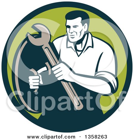 Clipart of a Retro Male Mechanic Holding a Wrench and Shield in a Green Circle - Royalty Free Vector Illustration by patrimonio