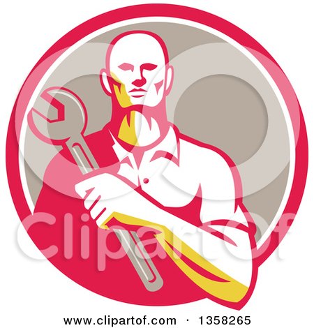 Clipart of a Retro Male Mechanic Holding a Giant Wrench over His Chest in a Pink White and Taupe Circle - Royalty Free Vector Illustration by patrimonio