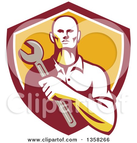 Clipart of a Retro Male Mechanic Holding a Giant Wrench over His Chest in a Shield - Royalty Free Vector Illustration by patrimonio