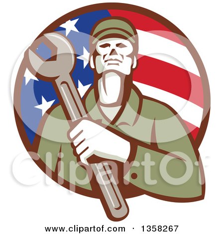 Clipart of a Retro Male Mechanic Holding a Giant Wrench over His Chest in an American Flag Circle - Royalty Free Vector Illustration by patrimonio