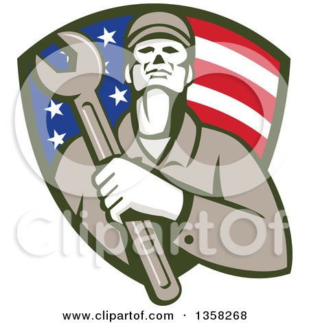 Clipart of a Retro Male Mechanic Holding a Giant Wrench over His Chest in an American Flag Shield - Royalty Free Vector Illustration by patrimonio