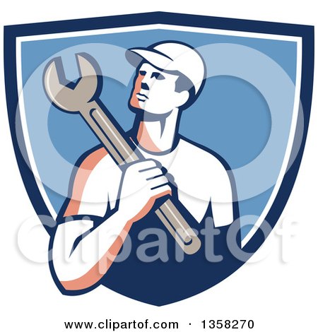 Clipart of a Retro Male Mechanic Holding a Giant Wrench over His Shoulder in a Blue and White Shield - Royalty Free Vector Illustration by patrimonio