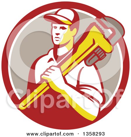 Clipart of a Retro Male Plumber Holding a Giant Monkey Wrench over His Shoulder in a Red White and Taupe Circle - Royalty Free Vector Illustration by patrimonio
