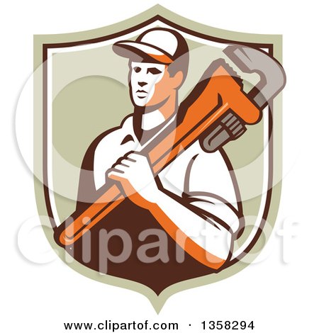Clipart of a Retro Male Plumber Holding a Giant Monkey Wrench over His Shoulder in a Shield - Royalty Free Vector Illustration by patrimonio