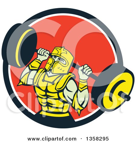 Clipart of a Retro Muscular Knight in Full Armor, Doing Squats and Working out with a Barbell in a Black White and Red Circle - Royalty Free Vector Illustration by patrimonio