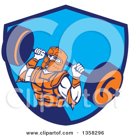 Clipart of a Retro Muscular Knight in Full Armor, Doing Squats and Working out with a Barbell in a Blue Shield - Royalty Free Vector Illustration by patrimonio