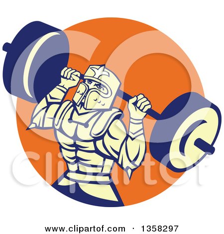 Clipart of a Retro Muscular Knight in Full Armor, Doing Squats and Working out with a Barbell in an Orange Circle - Royalty Free Vector Illustration by patrimonio