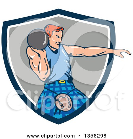 Clipart of a Red Haird Scotsman Athlete Wearing a Kilt and Playing a Highland Stone Put Throw Game in a Blue White and Gray Shield - Royalty Free Vector Illustration by patrimonio