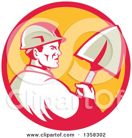 Clipart of a Retro Male Construction Worker Builder Holding a Shovel in a Red and Yellow Circle - Royalty Free Vector Illustration by patrimonio