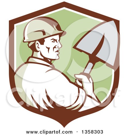 Clipart of a Retro Male Construction Worker Builder Holding a Shovel in a Brown White and Green Shield - Royalty Free Vector Illustration by patrimonio