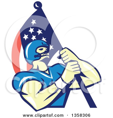 Clipart of a Retro Cartoon White Male Gridiron American Football Player Carrying an American Flag - Royalty Free Vector Illustration by patrimonio