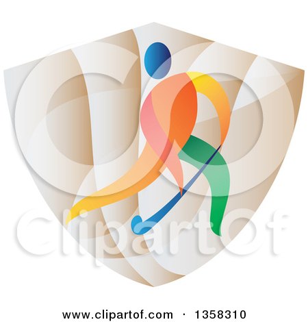 Clipart of a Colorful Athlete Playing Field Hockey on a Shield - Royalty Free Vector Illustration by patrimonio