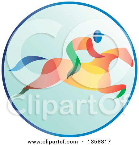 Clipart of a Colorful Equestrian Racing a Horse in a Blue Circle - Royalty Free Vector Illustration by patrimonio