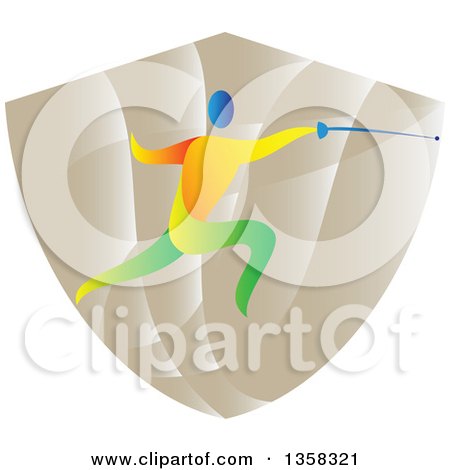 Clipart of a Colorful Athlete Fencing in a Shield - Royalty Free Vector Illustration by patrimonio