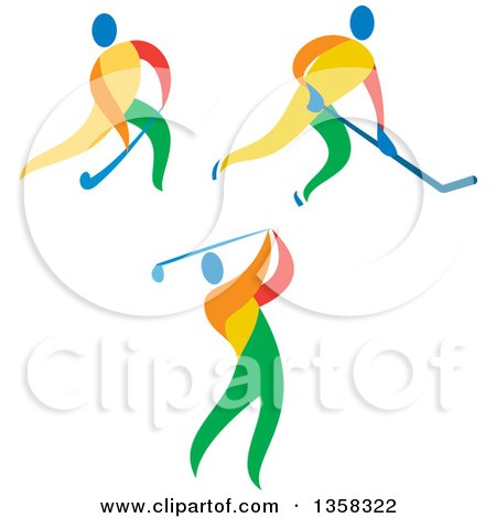 Clipart of Colorful Athletes Playing Ice and Field Hockey and Golf - Royalty Free Vector Illustration by patrimonio