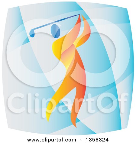 Clipart of a Colorful Athlete Swinging a Golf Club in a Blue Square - Royalty Free Vector Illustration by patrimonio