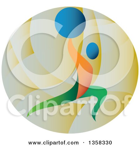Clipart of a Retro Colorful Athlete Weightlifting, Doing Lunges with a Barbell over His Head in a Circle - Royalty Free Vector Illustration by patrimonio