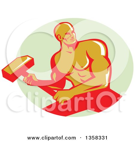 Clipart of a Retro Muscular Male Bodybuilder Athlete Swinging a Sledgehammer in a Pastel Green Oval - Royalty Free Vector Illustration by patrimonio