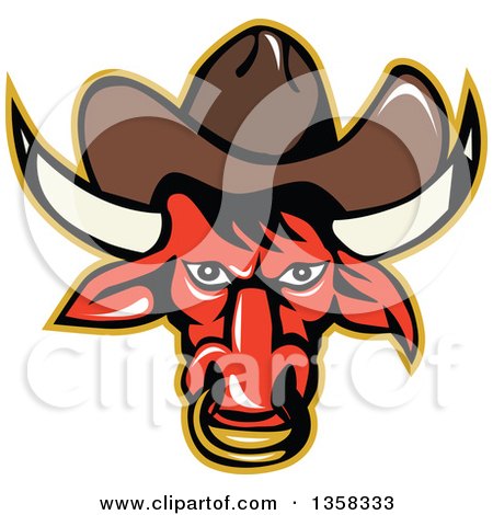 Clipart of a Retro Red Texas Longhorn Bull Wearing a Cowboy Hat and Nose Ring - Royalty Free Vector Illustration by patrimonio