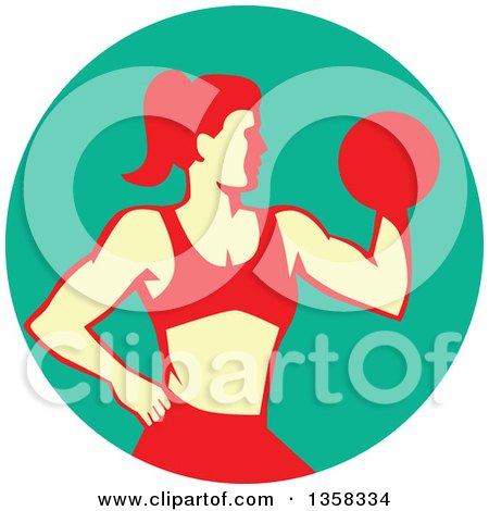 Clipart of a Retro Muscular Fit Woman Working out with a Dumbbell and Doing Bicep Curls in a Turquoise Circle - Royalty Free Vector Illustration by patrimonio