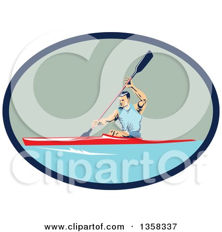 Clipart of a Retro White Man Kayaking in a Blue and Green Oval - Royalty Free Vector Illustration by patrimonio