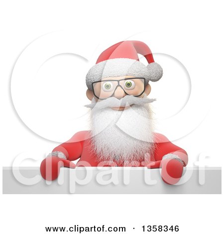 Clipart of a 3d Bespectacled Christmas Santa Claus over a Sign, on a White Background - Royalty Free Illustration by Mopic
