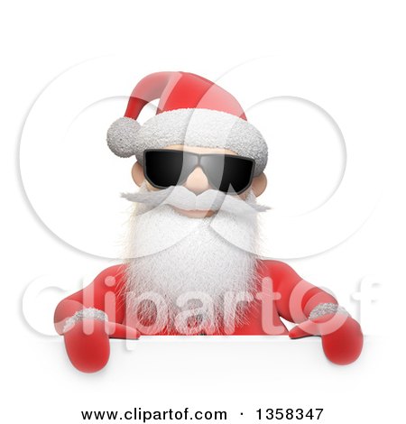 Clipart of a 3d Christmas Santa Claus Wearing Sunglasses over a Sign, on a White Background - Royalty Free Illustration by Mopic