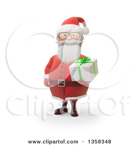 Clipart of a 3d Bespectacled Christmas Santa Claus Holding a Gift Box, on a White Background - Royalty Free Illustration by Mopic