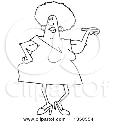 Clipart of a Cartoon Black and White Chubby Woman Presenting, with Her Arms Sagging - Royalty Free Vector Illustration by djart