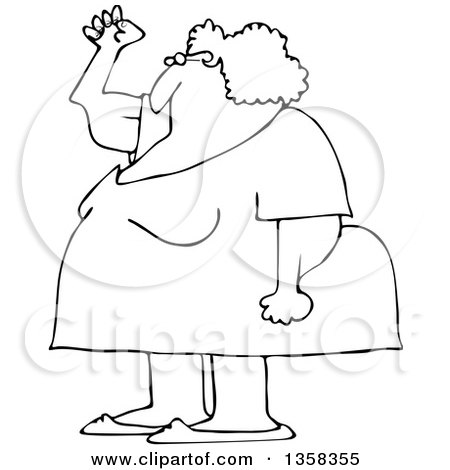 Clipart of a Cartoon Black and White Chubby Senior Woman Holding up a Fist, with Her Arms Sagging - Royalty Free Vector Illustration by djart