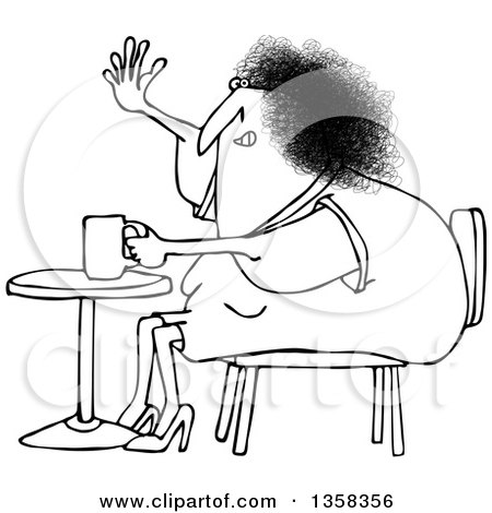 Clipart of a Cartoon Black and White Chubby Woman Sitting with Coffee at a Table and Waving - Royalty Free Vector Illustration by djart