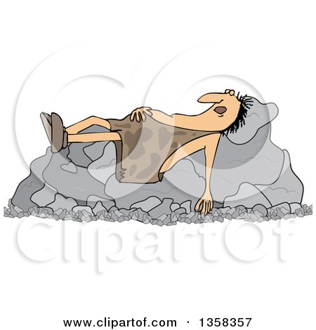 Clipart of a Cartoon Chubby Caveman Sleeping on Boulders - Royalty Free Vector Illustration by djart