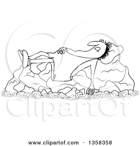 Clipart of a Cartoon Black and White Chubby Caveman Sleeping on Boulders - Royalty Free Vector Illustration by djart