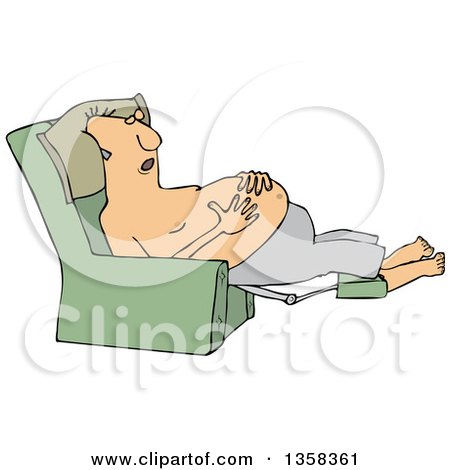 Clipart of a Cartoon Shirtless Chubby White Man Sleeping in a Recliner Chair, Resting His Hands on His Belly - Royalty Free Vector Illustration by djart