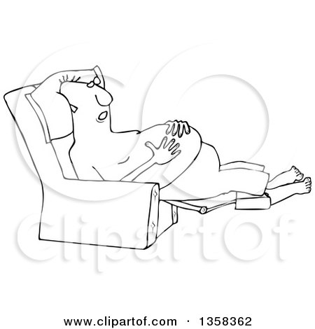 Clipart of a Cartoon Black and White Shirtless Chubby Man Sleeping in a Recliner Chair, Resting His Hands on His Belly - Royalty Free Vector Illustration by djart