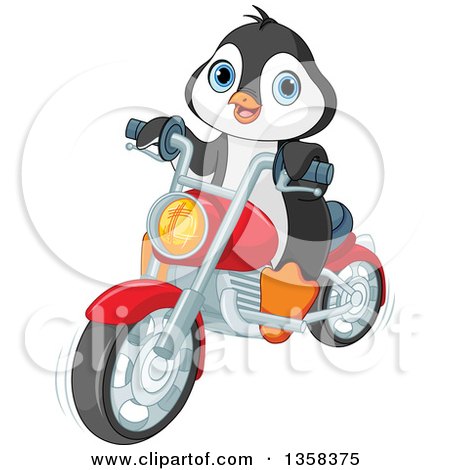 Clipart of a Cute Penguin Riding a Red Motorcycle - Royalty Free Vector Illustration by Pushkin
