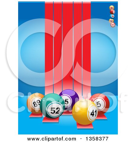 Clipart of 3d Bingo Balls over Red Stripes on Blue - Royalty Free Vector Illustration by elaineitalia