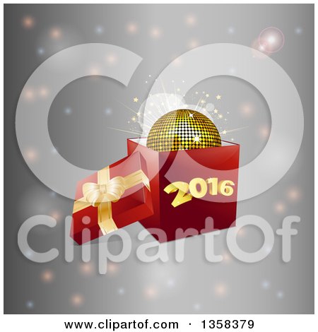 Clipart of a 3d Open Gift Box with a Gold Disco Ball and New Year 2016 over Flares - Royalty Free Vector Illustration by elaineitalia