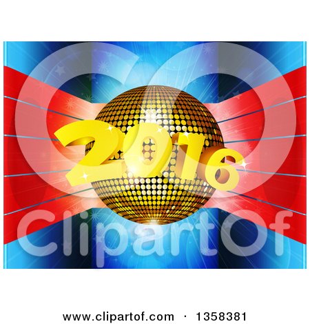 Clipart of a 3d Gold Disco Ball with New Year 2016 over Red Stripes on Blue - Royalty Free Vector Illustration by elaineitalia