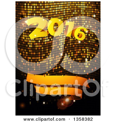 Clipart of a 3d Gold 2016 New Year and Blank Ribbon Banner over Mosaic - Royalty Free Vector Illustration by elaineitalia