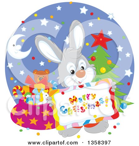 Clipart of a Gray Rabbit Holding a Merry Christmas Sign over a Circle with a Tree and Santas Sack - Royalty Free Vector Illustration by Alex Bannykh
